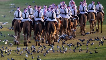 عناصر من الحرس يقومون بدوريات على جمال حول الديوان الأميري في الدوحة (25 ت1 2022، أ ف ب). 